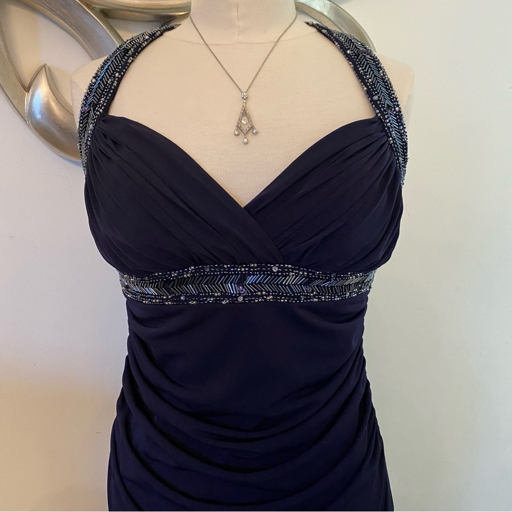 JS BOUTIQUE Nordstrom PROM Navy Blue Beaded Rouched Halter Gown | Size 8